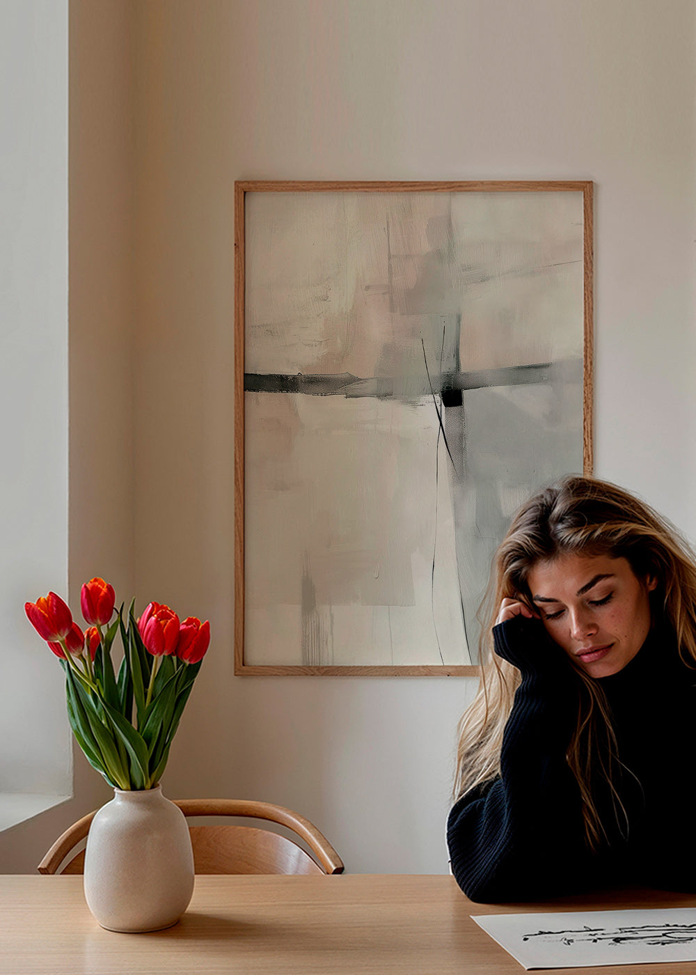 Abstrakt maleri med sarte linjer og grå flader – Product1