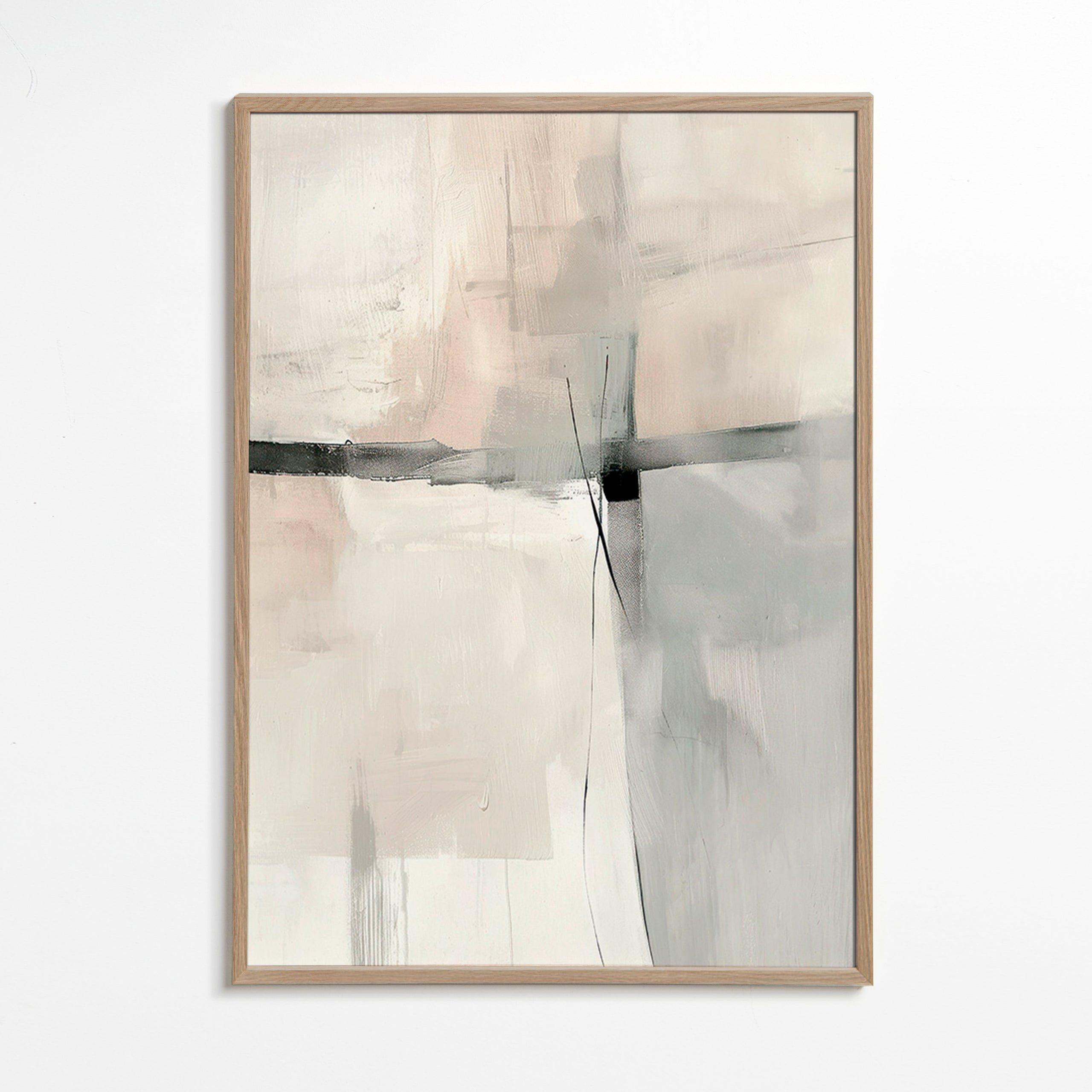 Abstrakt maleri med sarte linjer og grå flader – Oak Frame