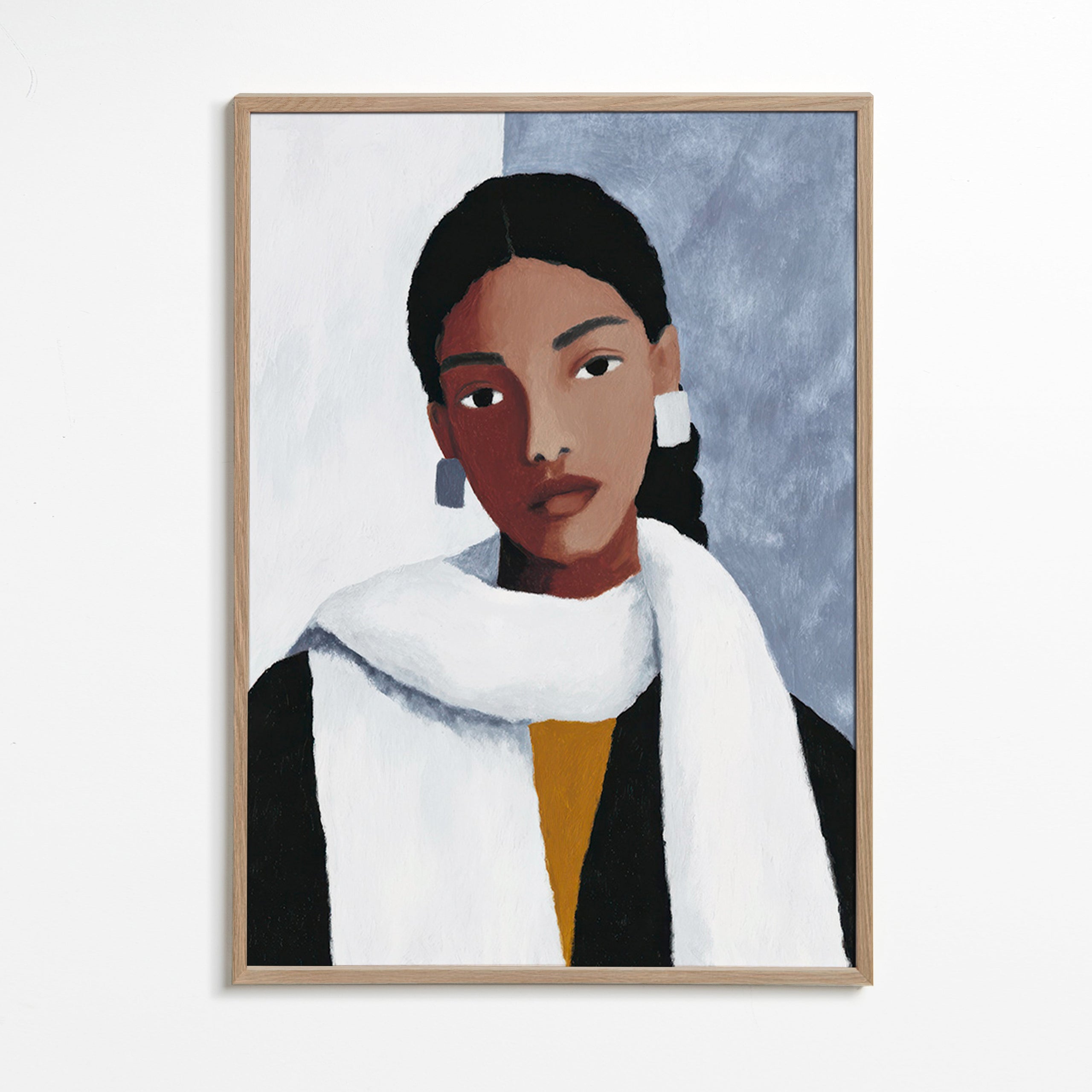 Illustration portræt af kvinde med hvidt tørklæde – Oak Frame