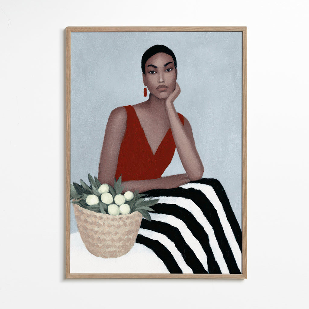 Illustration af kvinde i rød kjole – Oak Frame
