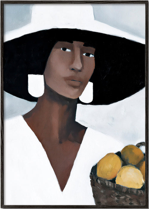 Køkkenkunst: kvinde med bred hat og citroner – Black Frame