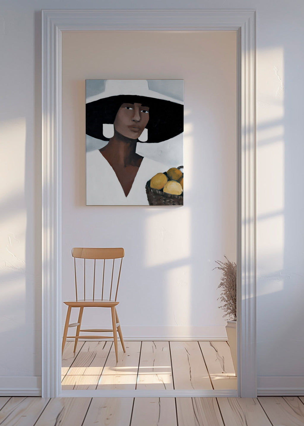 Køkkenkunst: kvinde med bred hat og citroner – Canvas