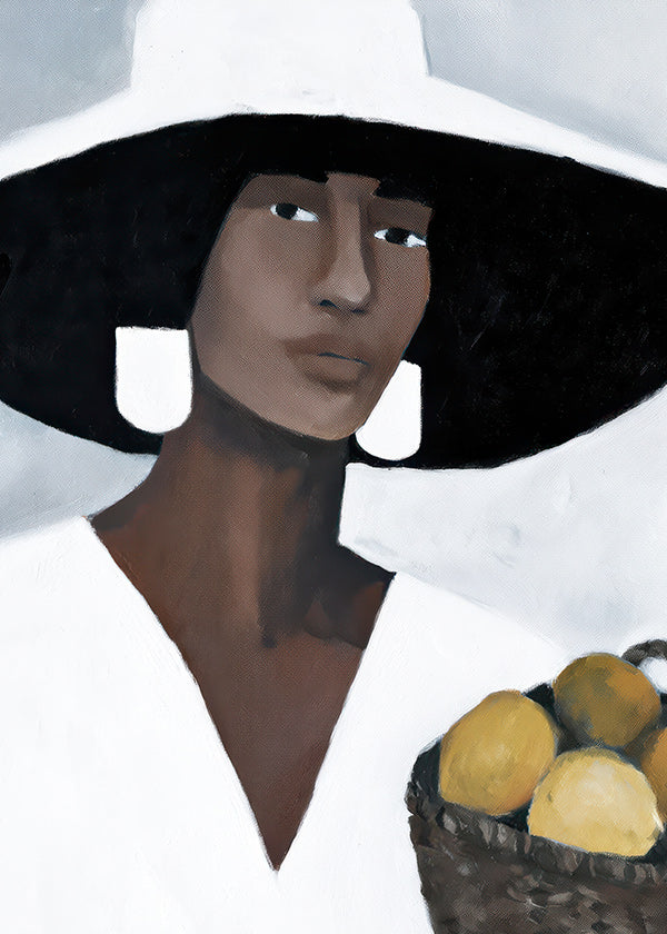 Køkkenkunst: kvinde med bred hat og citroner