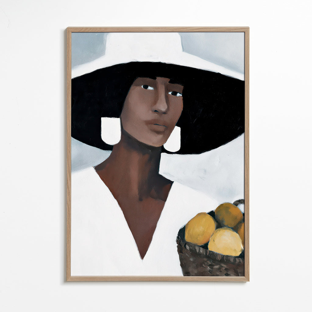 Køkkenkunst: kvinde med bred hat og citroner – Oak Frame