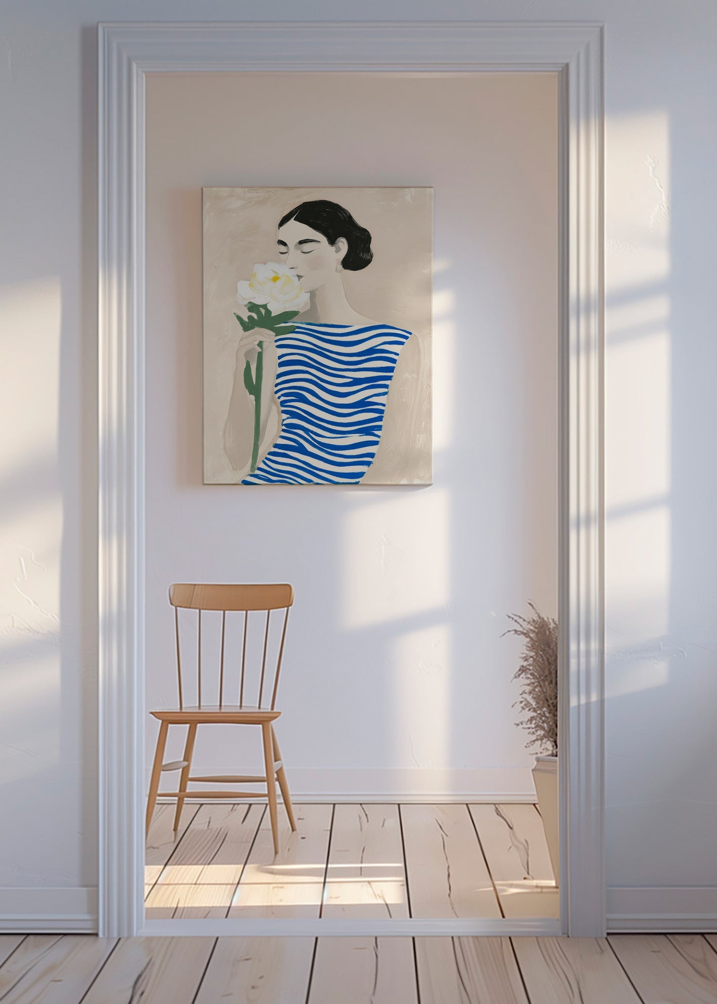 Botanisk plakat: kvinde med blomst og blå striber – Canvas