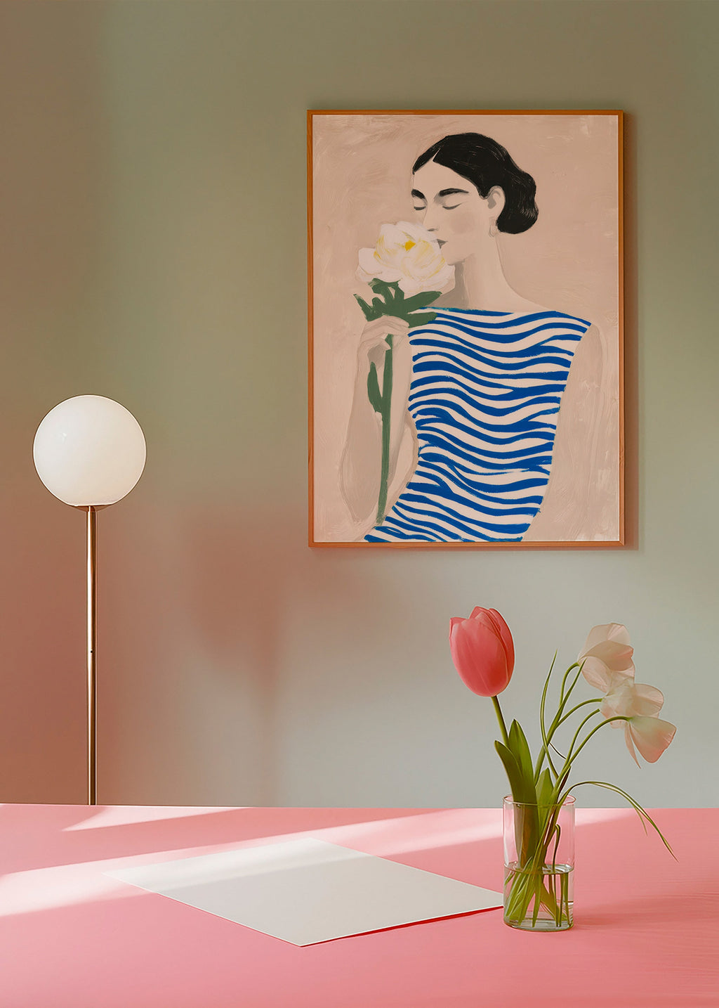 Botanisk plakat: kvinde med blomst og blå striber – Product3