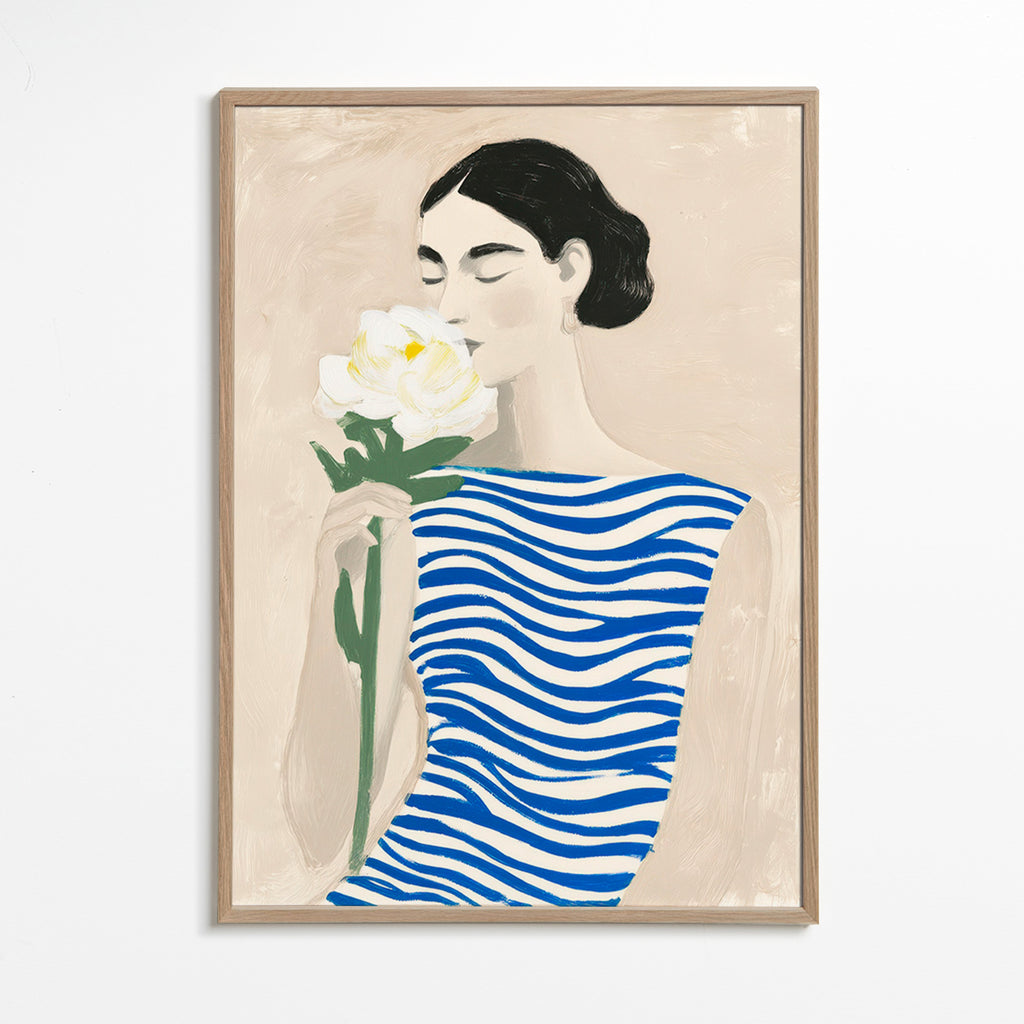Botanisk plakat: kvinde med blomst og blå striber – Oak Frame