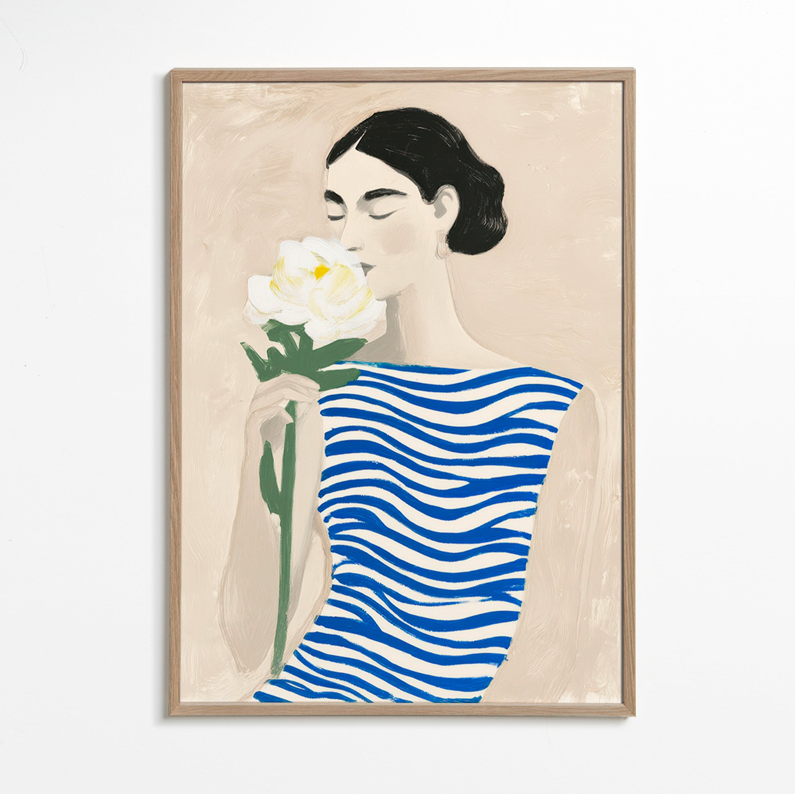 Botanisk plakat: kvinde med blomst og blå striber – Oak Frame
