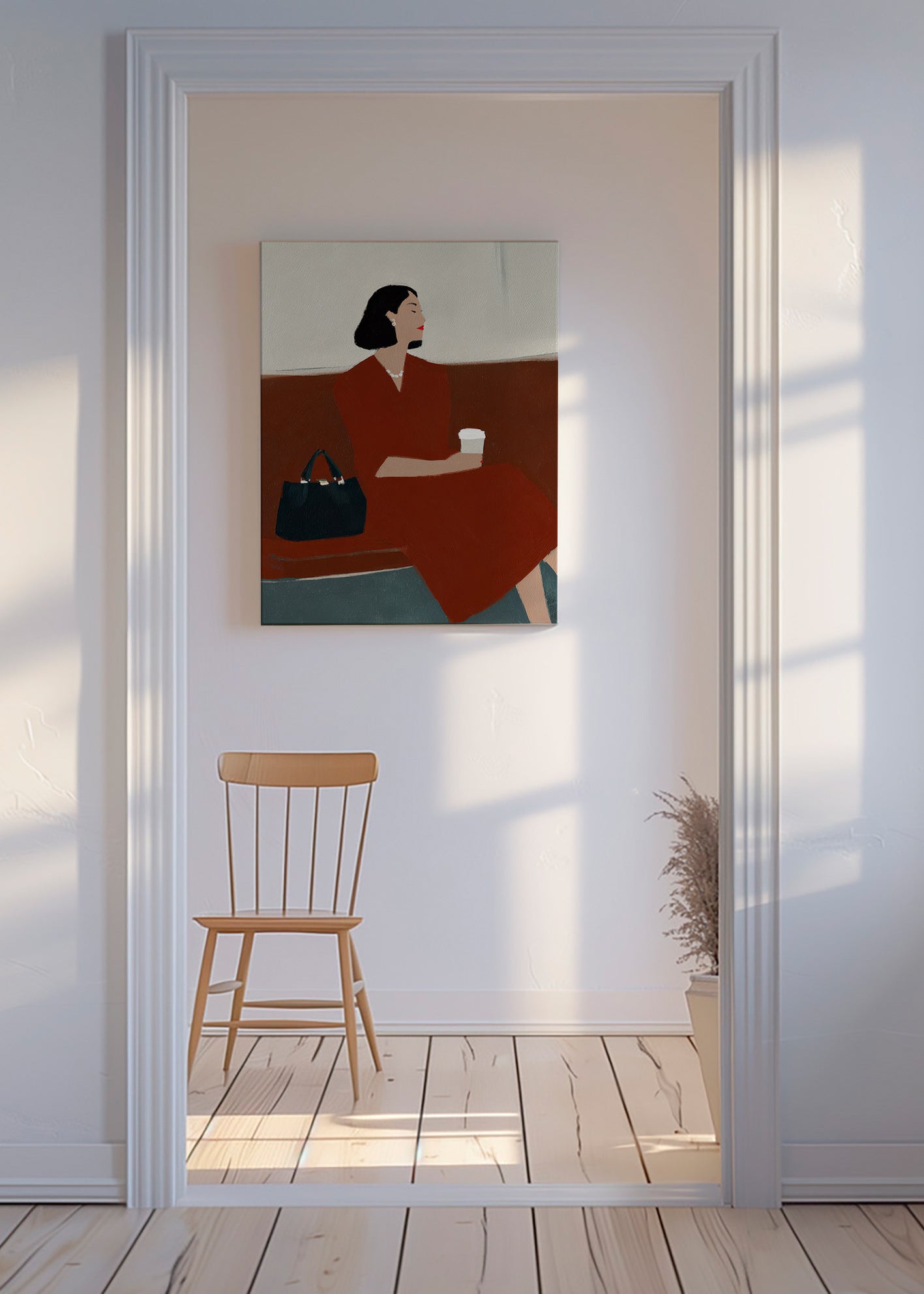 Køkkenkunst: kvinde med kaffe og taske – Canvas