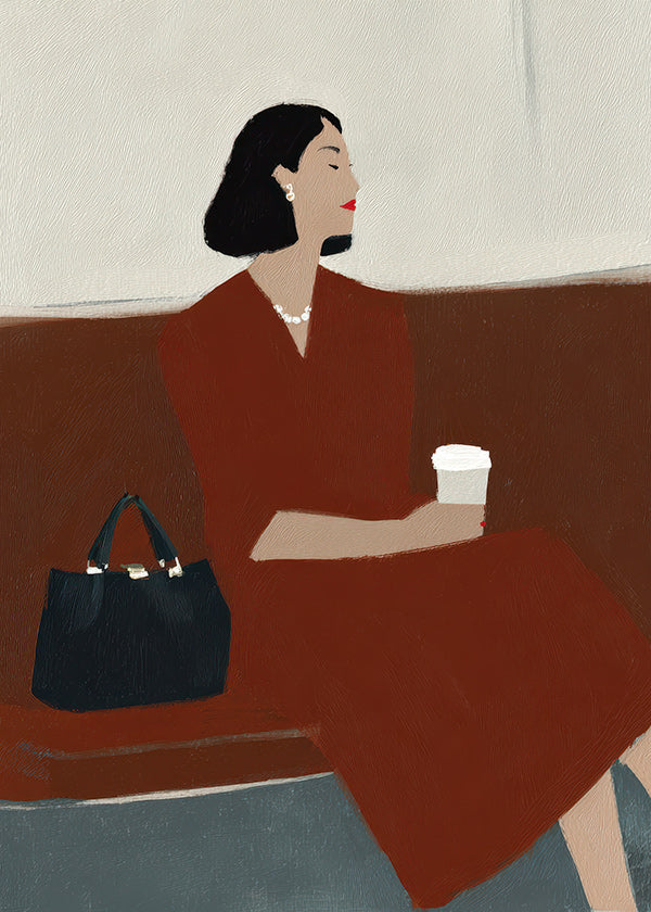 Køkkenkunst: kvinde med kaffe og taske