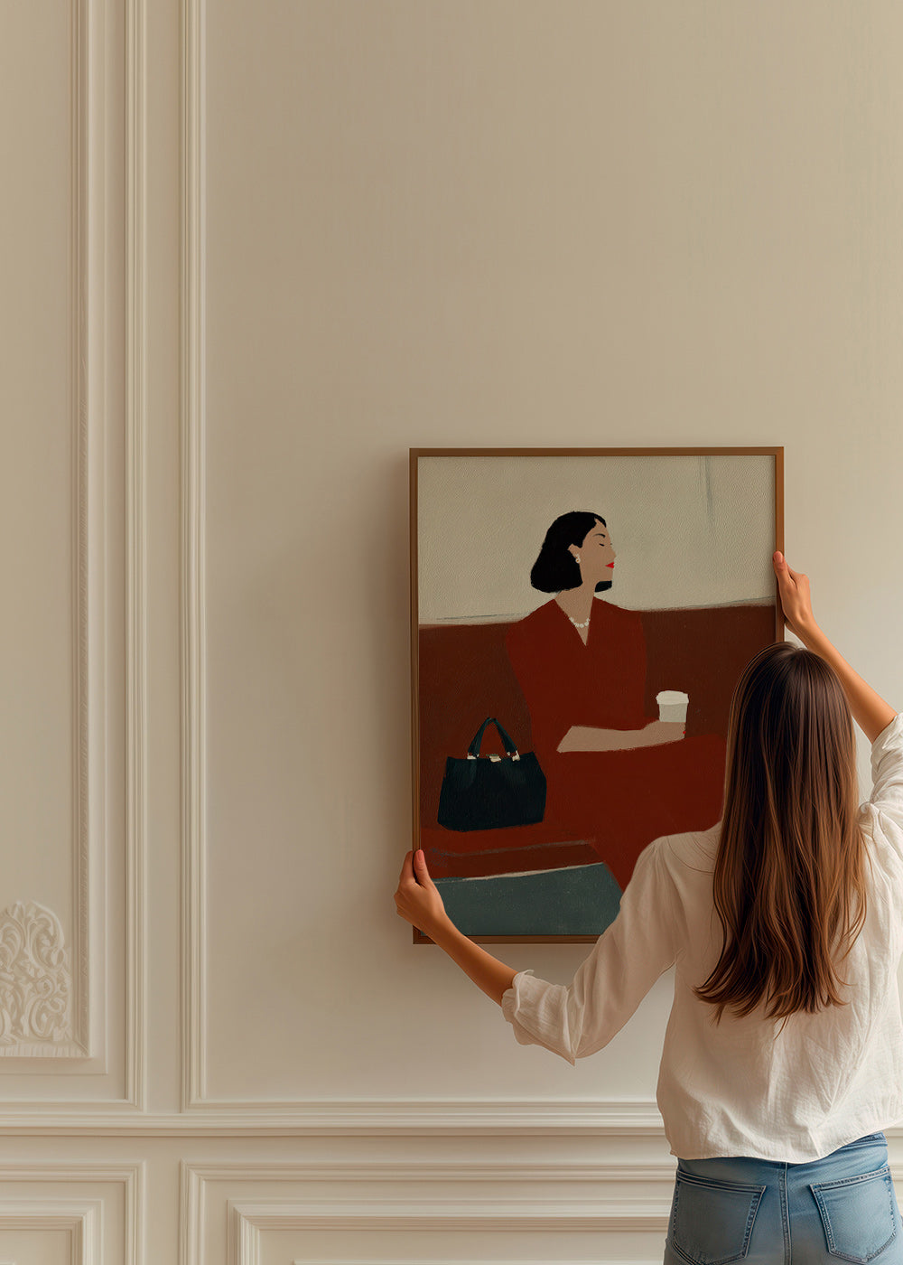 Køkkenkunst: kvinde med kaffe og taske – Product1