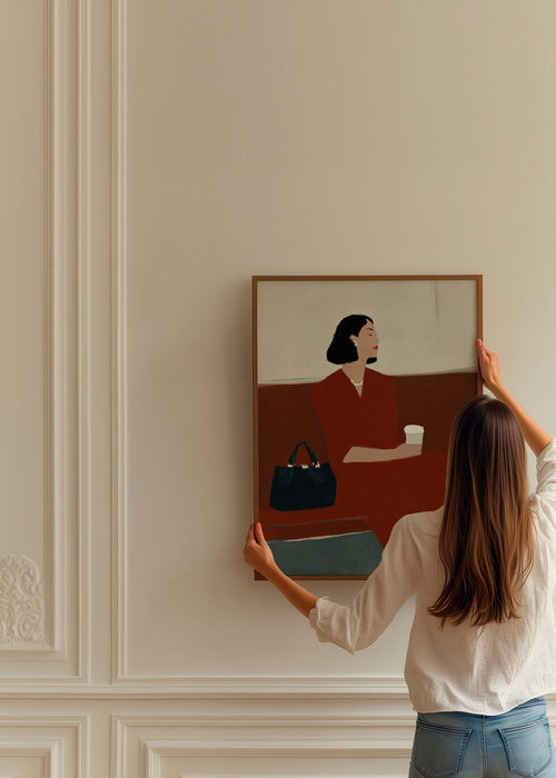 Køkkenkunst: kvinde med kaffe og taske – Product1