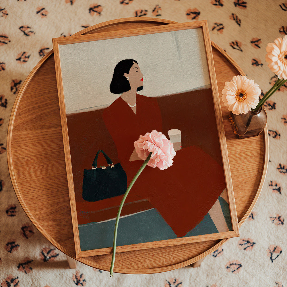 Køkkenkunst: kvinde med kaffe og taske – Product2