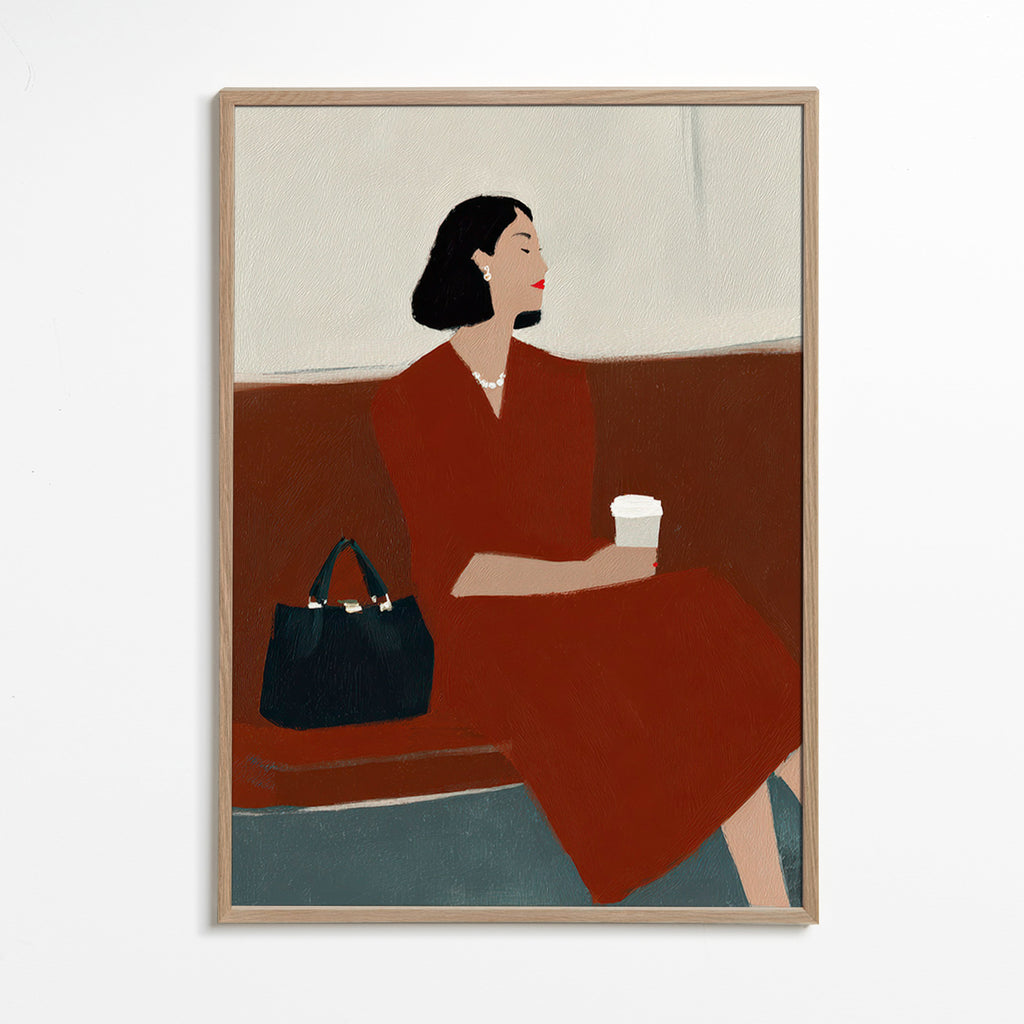 Køkkenkunst: kvinde med kaffe og taske – Oak Frame