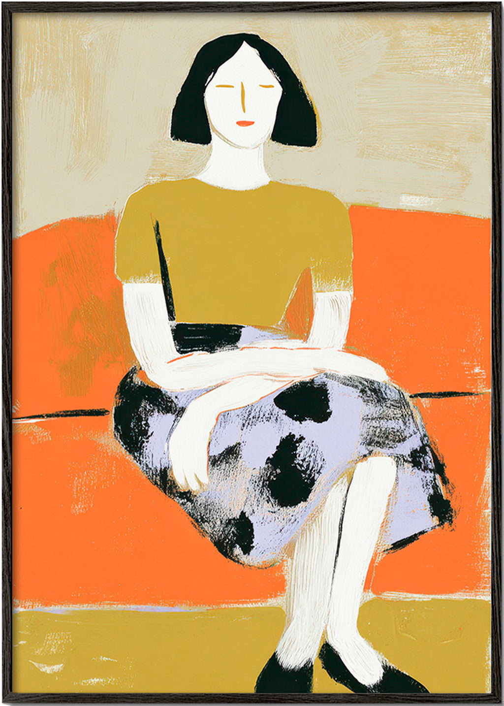 Illustration af kvinde på orange sofa – Black Frame