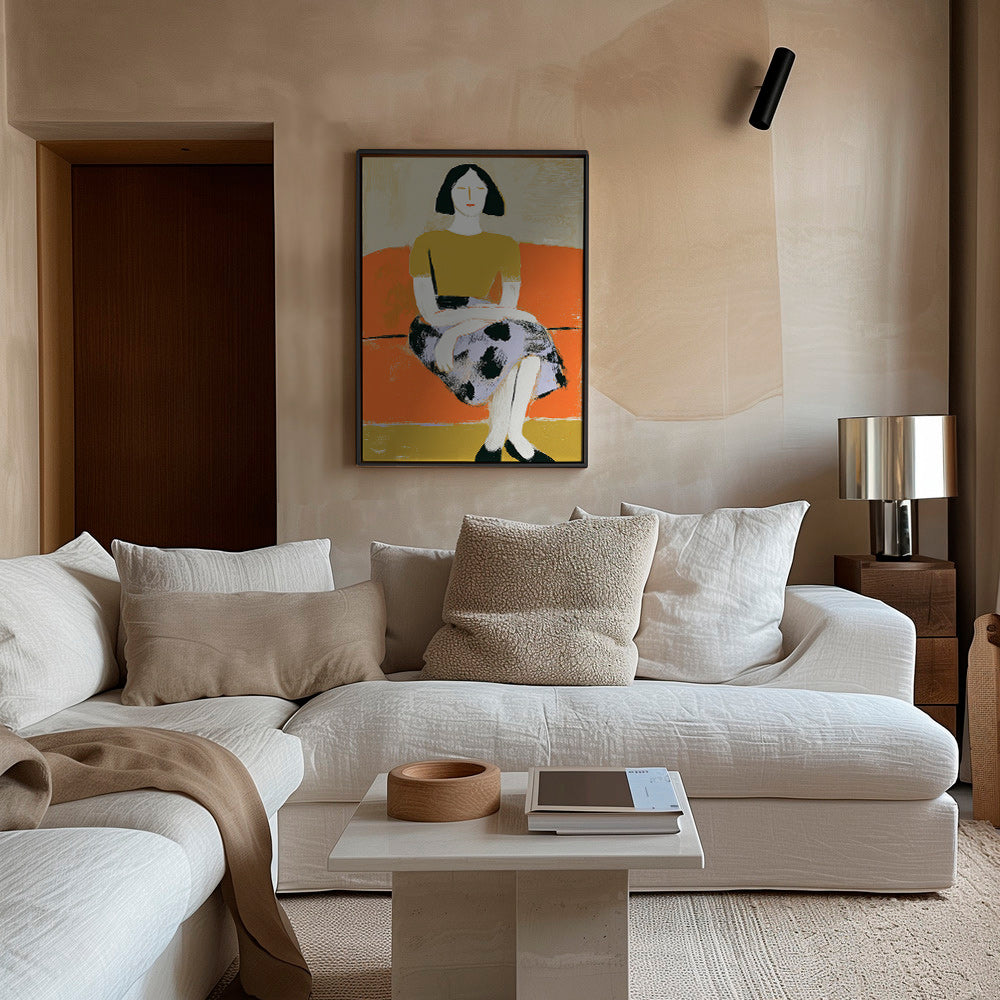 Illustration af kvinde på orange sofa – Canvas1