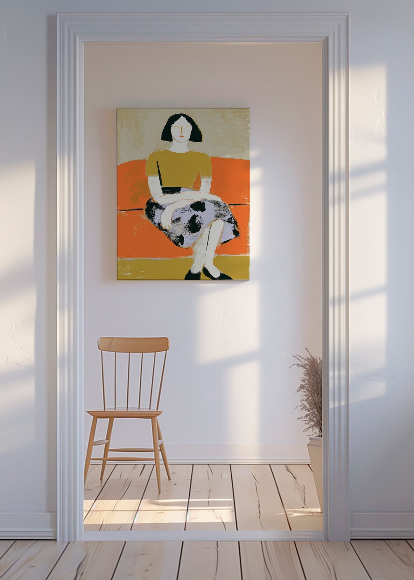 Illustration af kvinde på orange sofa – Canvas