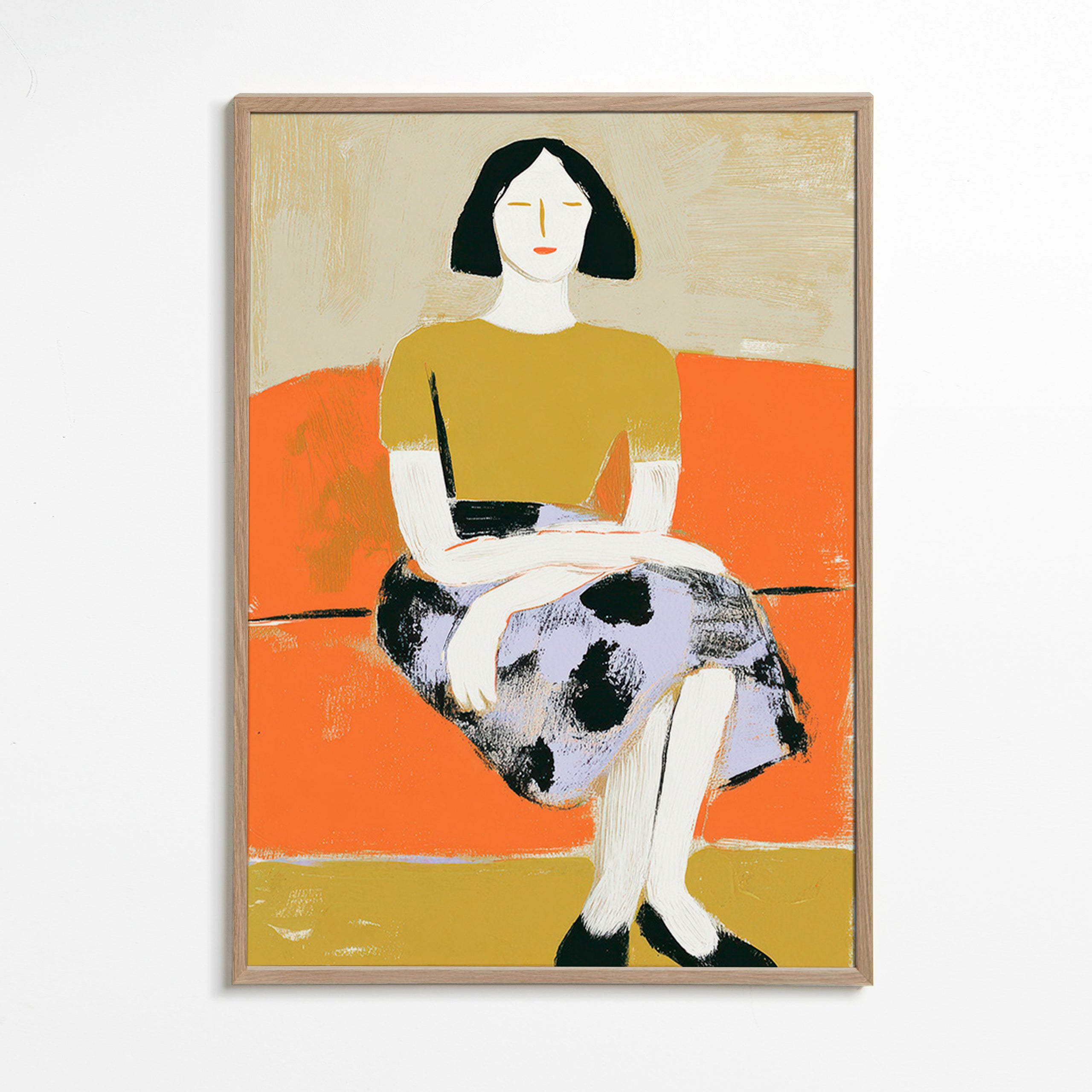 Illustration af kvinde på orange sofa – Oak Frame