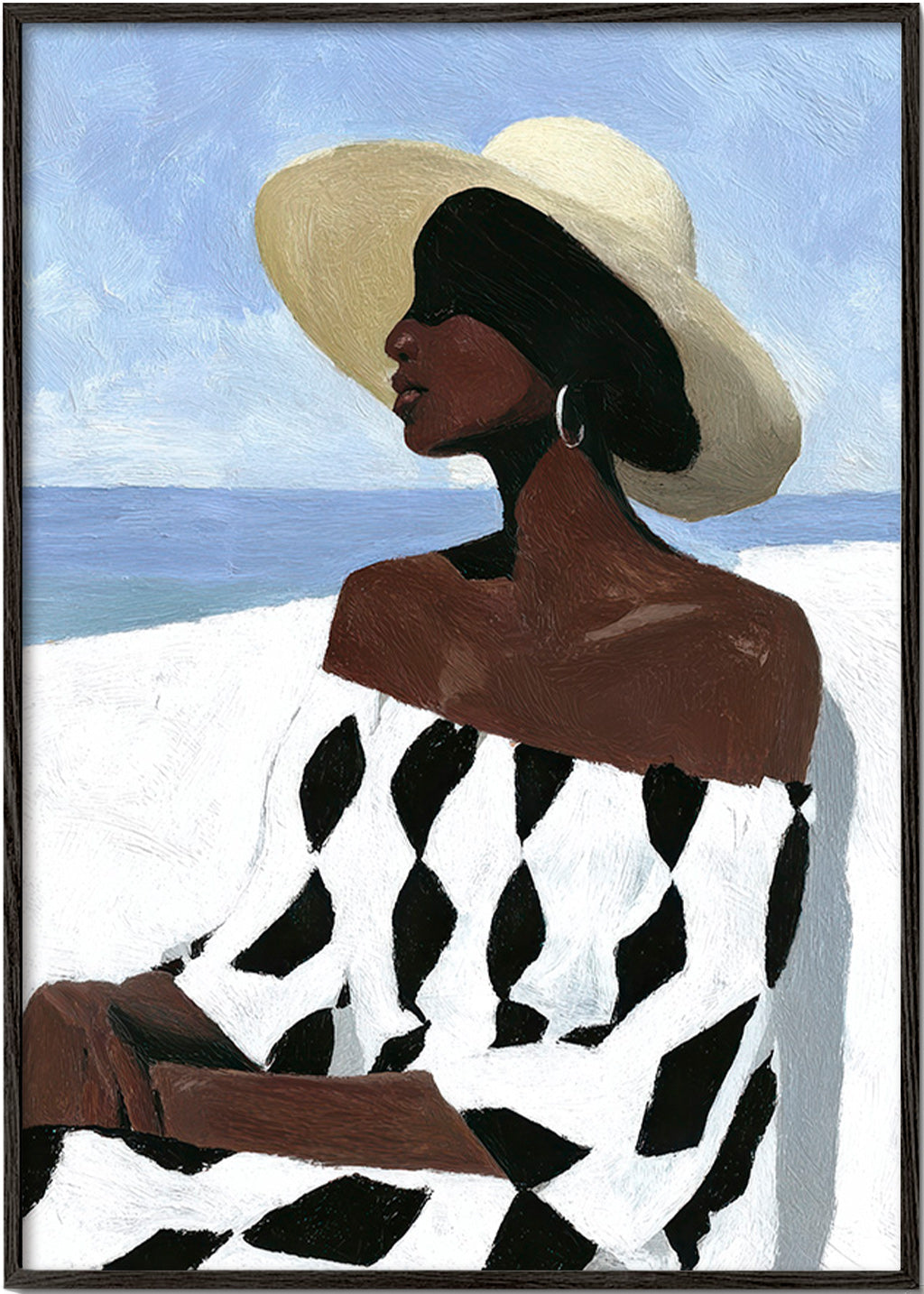 Illustration af kvinde ved havet i mønstret kjole – Black Frame
