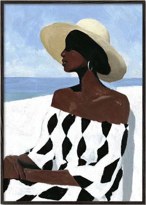 Illustration af kvinde ved havet i mønstret kjole – Black Frame