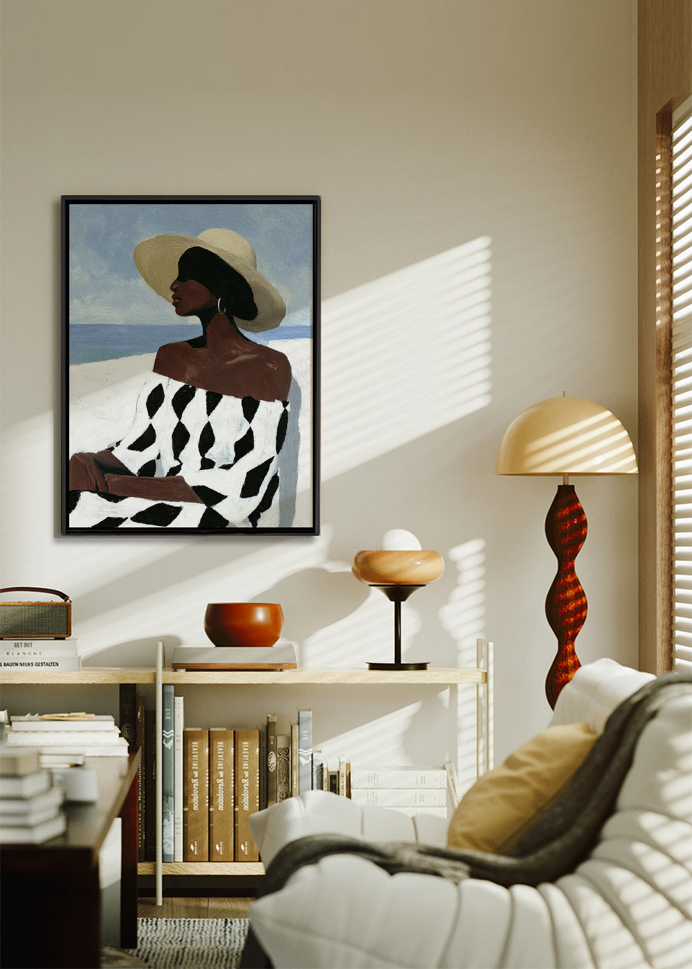 Illustration af kvinde ved havet i mønstret kjole – Canvas2