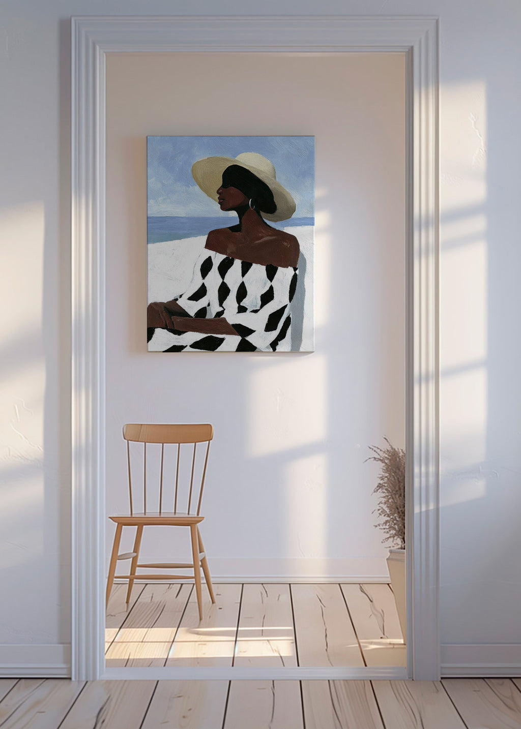 Illustration af kvinde ved havet i mønstret kjole – Canvas