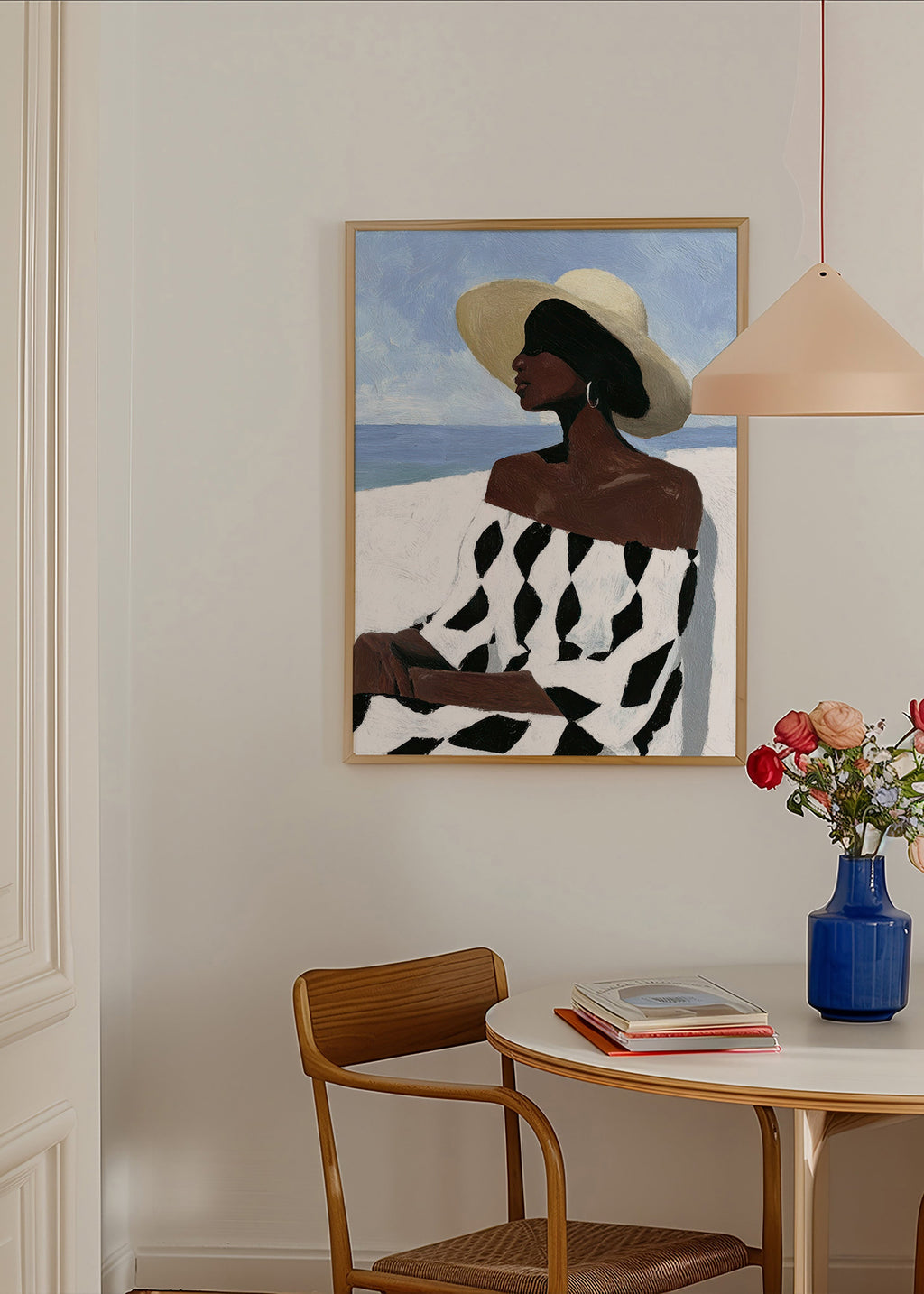Illustration af kvinde ved havet i mønstret kjole – Product3