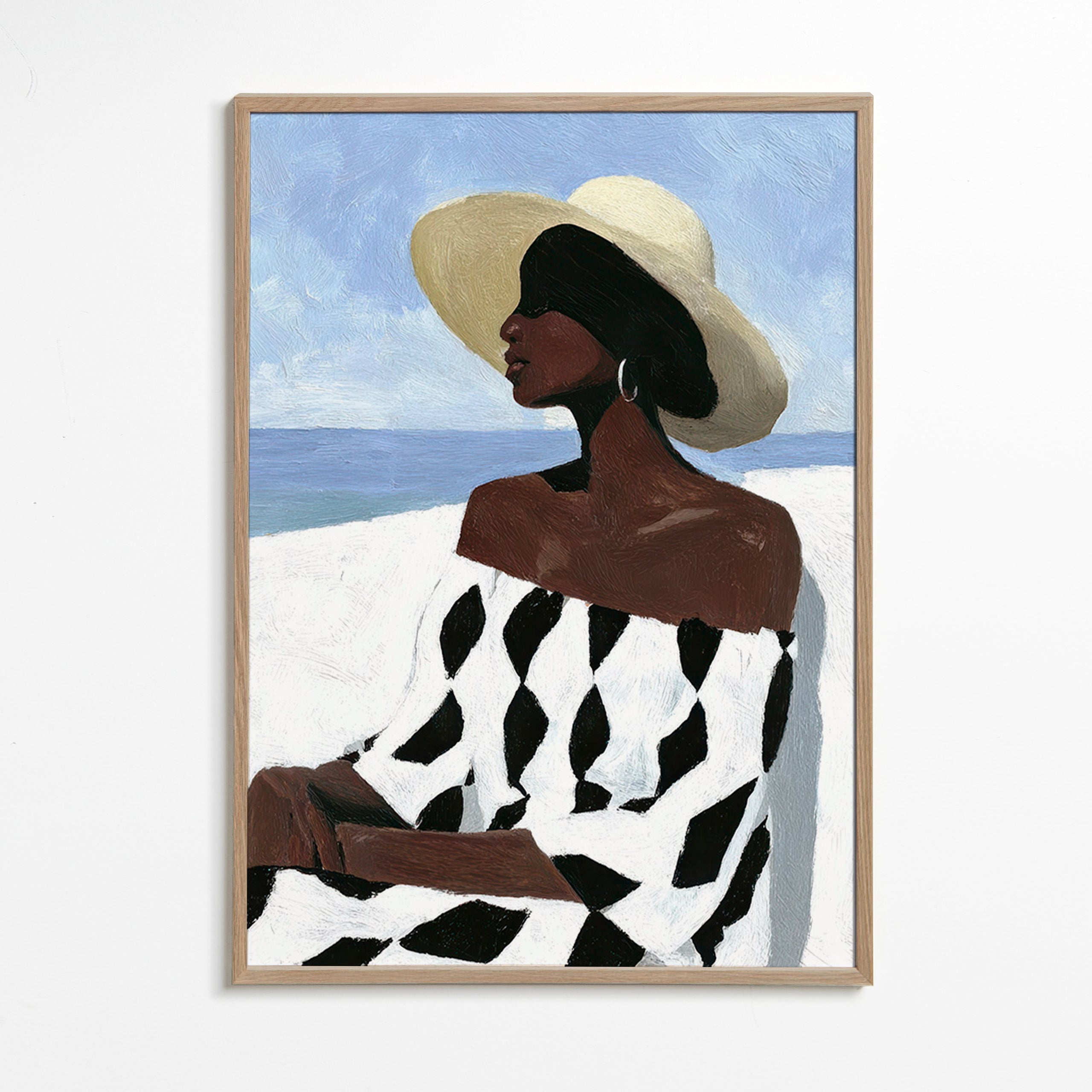 Illustration af kvinde ved havet i mønstret kjole – Oak Frame