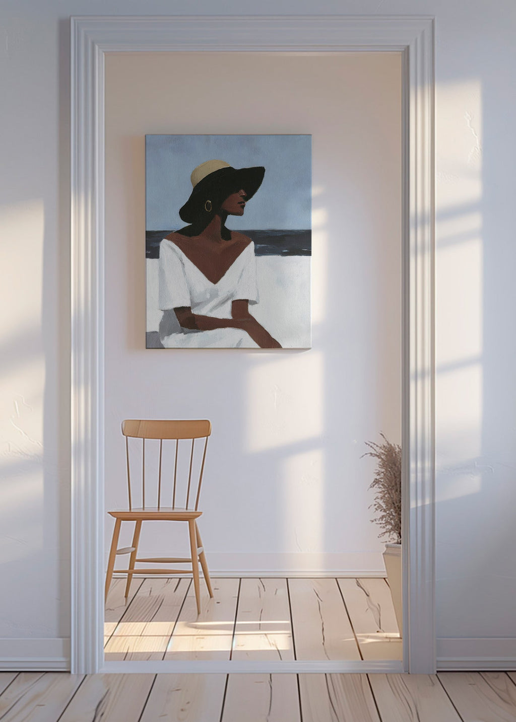 Landskabsmaleri med kvinde og hat – Canvas