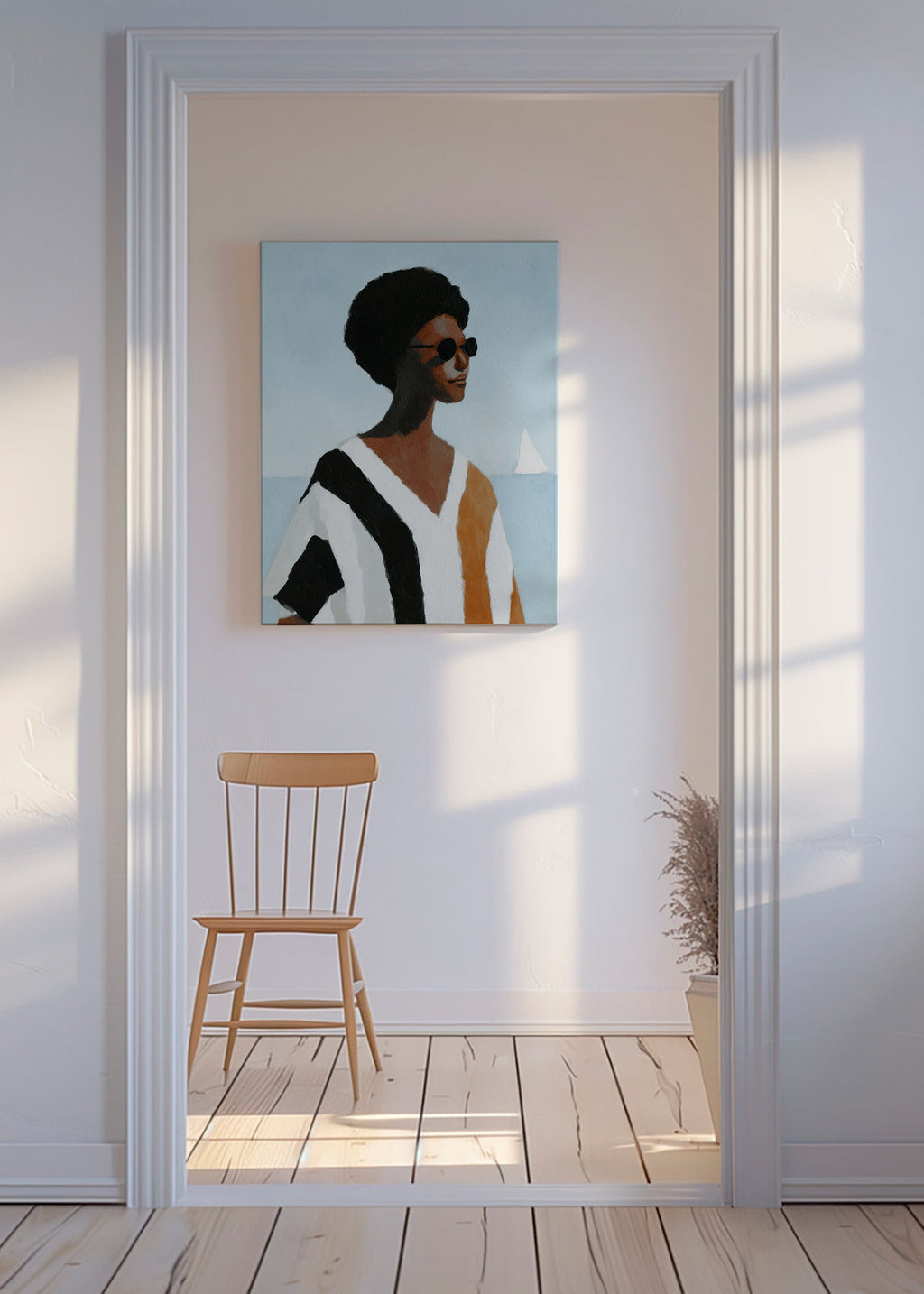 Illustration: figur ved sejlbåd – Canvas
