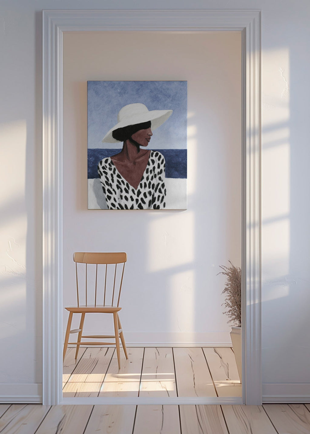 Illustration af kvinde med hat ved havet – Canvas