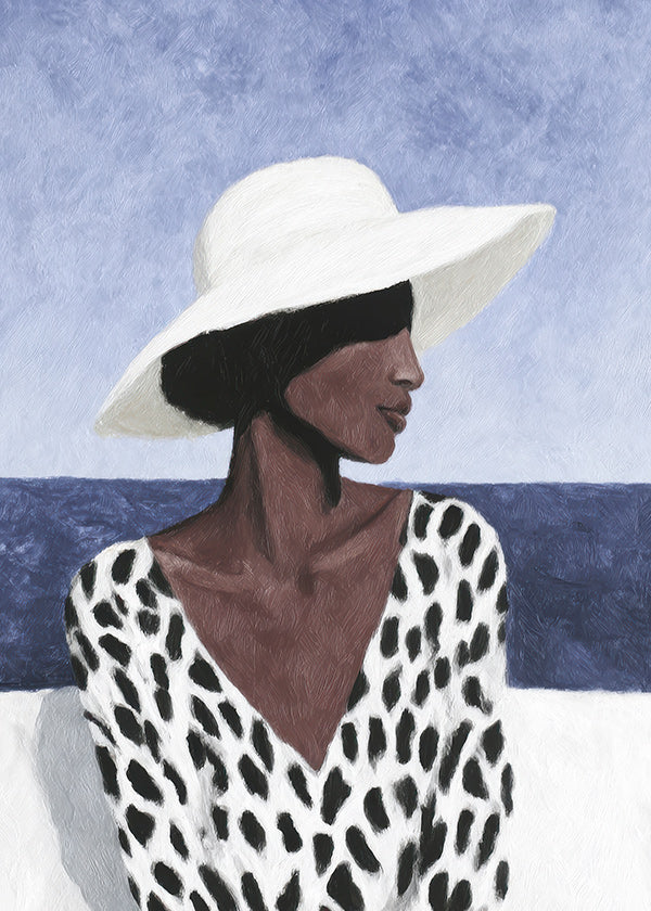 Illustration af kvinde med hat ved havet