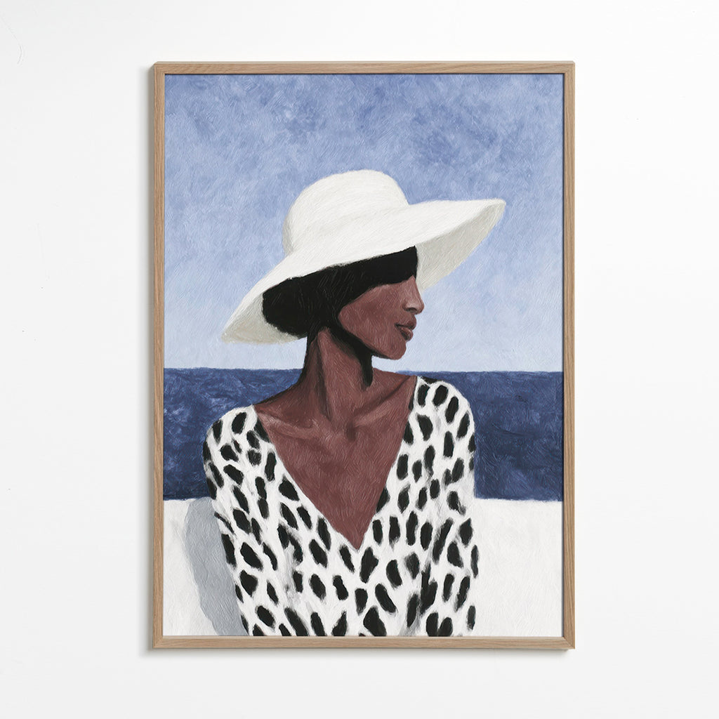 Illustration af kvinde med hat ved havet – Oak Frame