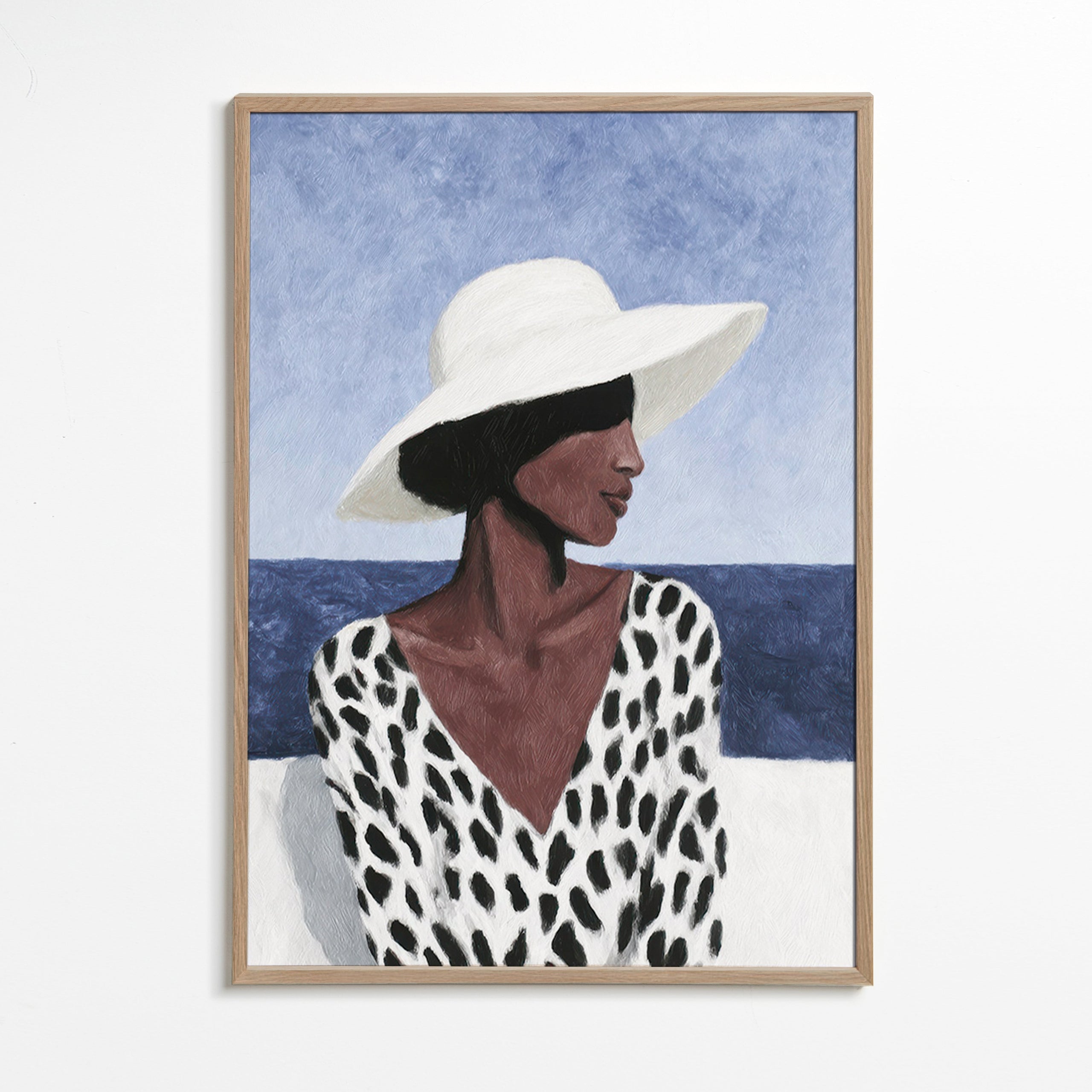 Illustration af kvinde med hat ved havet – Oak Frame