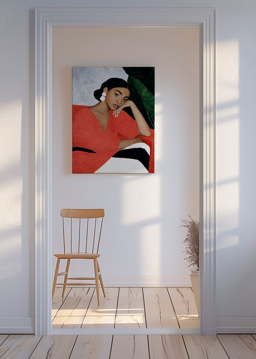 Illustration af kvinde i rød kjole med tropisk blad – Canvas