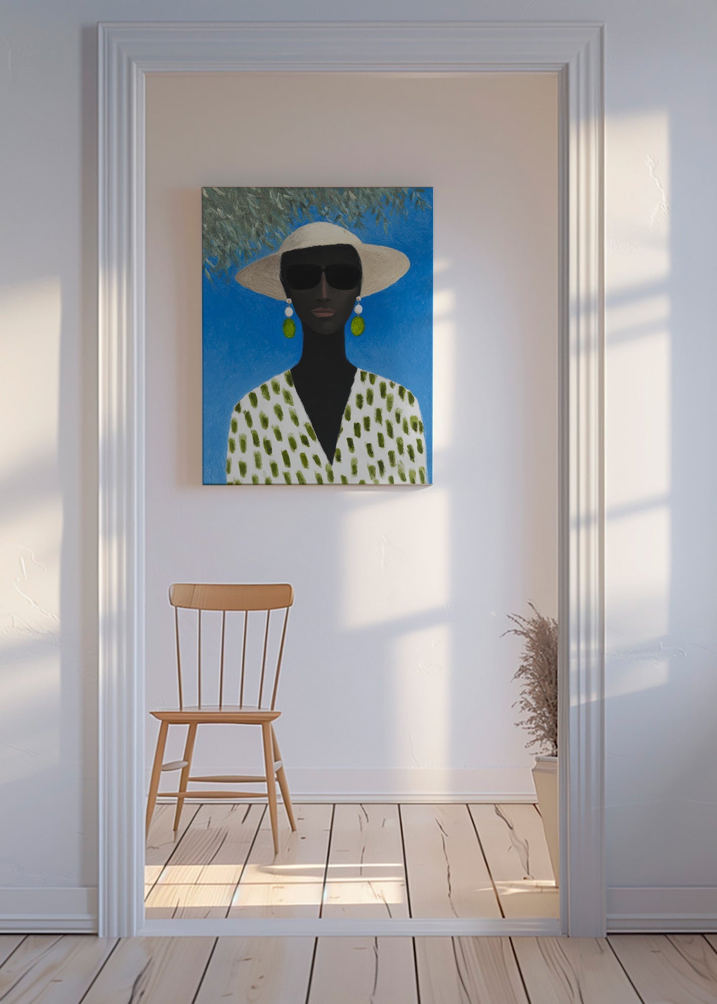 Illustration af kvinde med hat og grønt mønster – Canvas