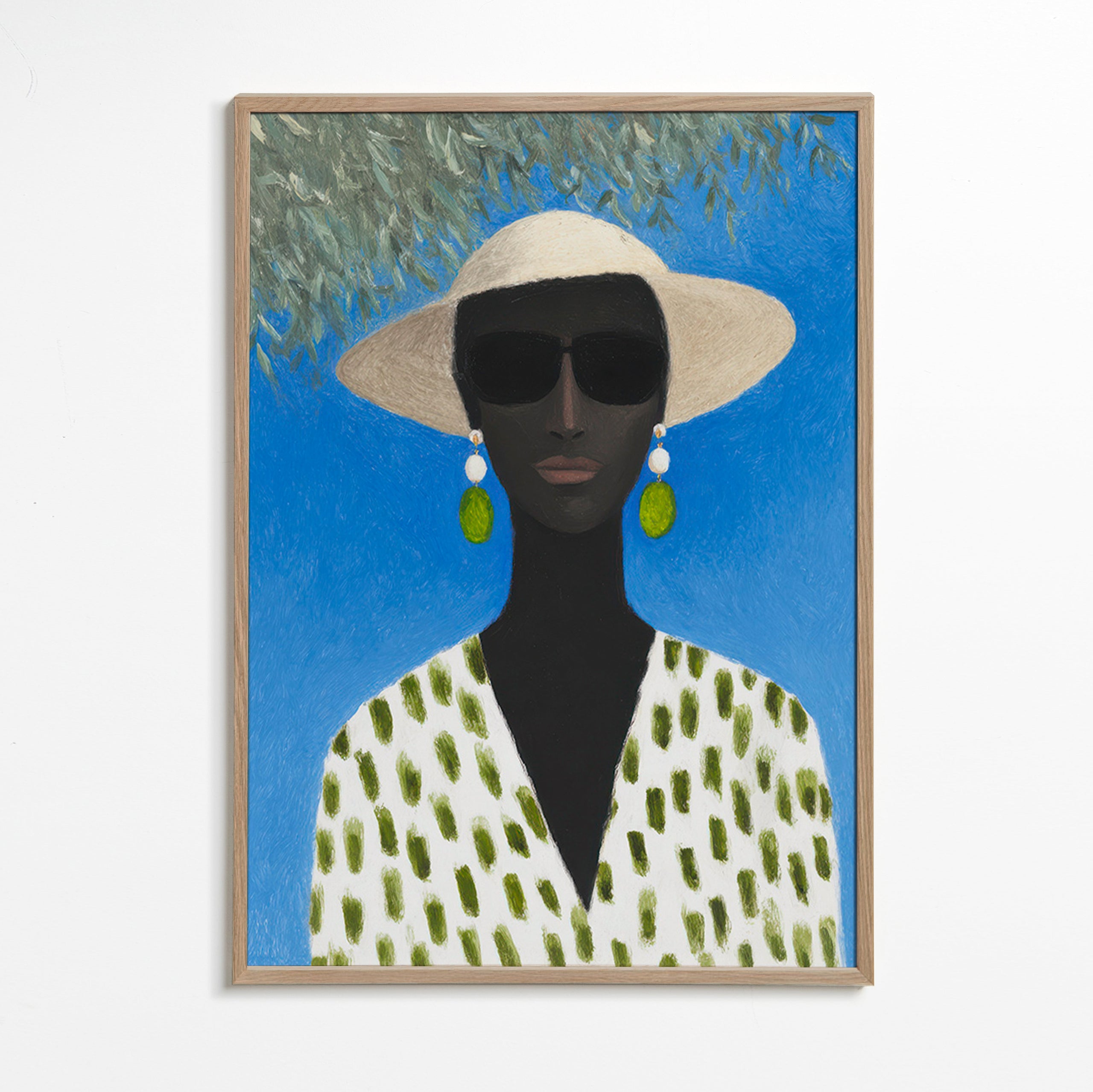 Illustration af kvinde med hat og grønt mønster – Oak Frame