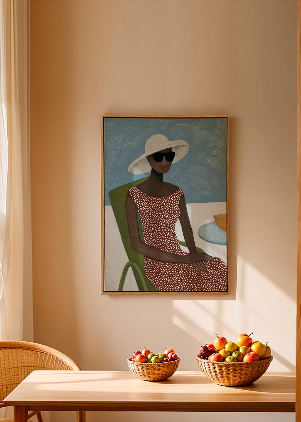 Illustration af kvinde med solhat og grøn stol – Canvas2