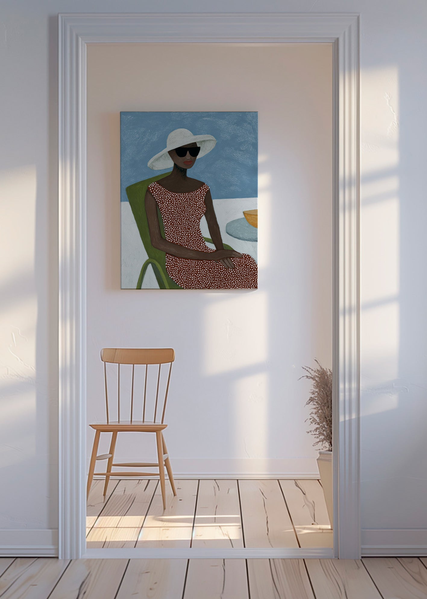 Illustration af kvinde med solhat og grøn stol – Canvas