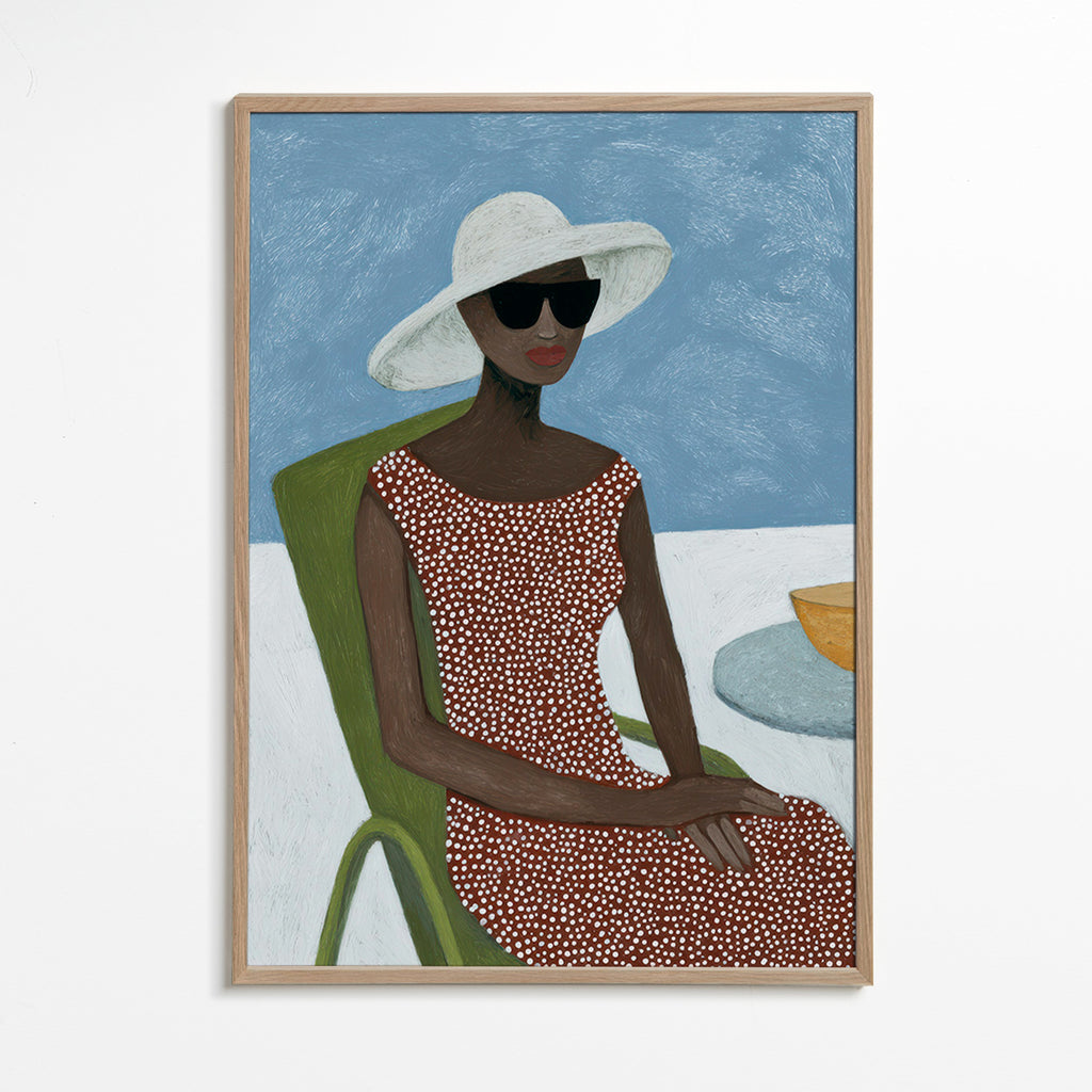 Illustration af kvinde med solhat og grøn stol – Oak Frame