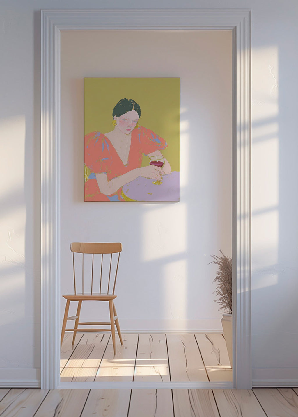 Køkkenkunst: kvinde med glas i pastelfarver – Canvas