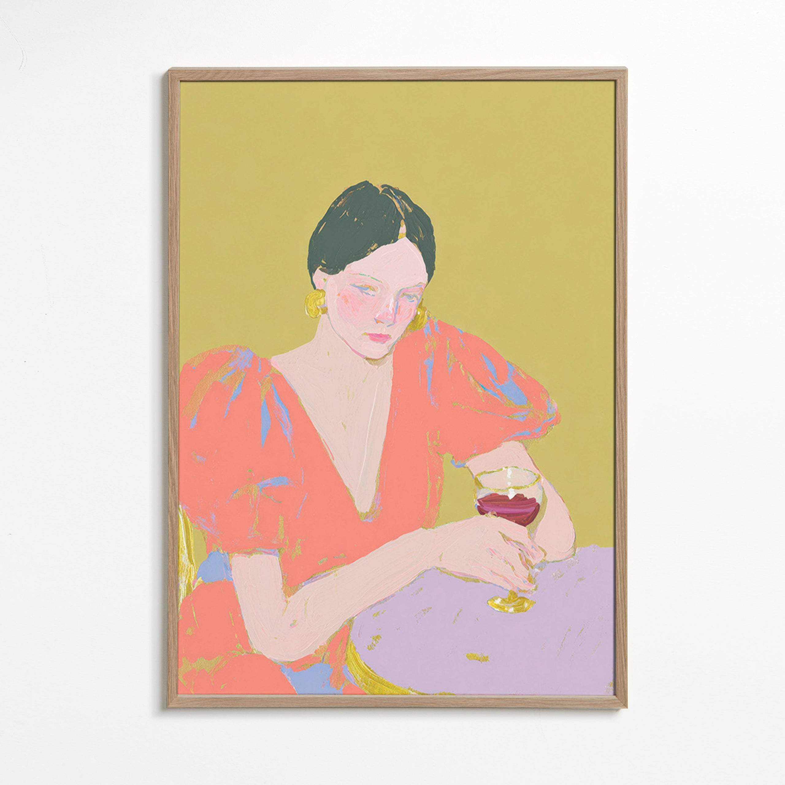 Køkkenkunst: kvinde med glas i pastelfarver – Oak Frame