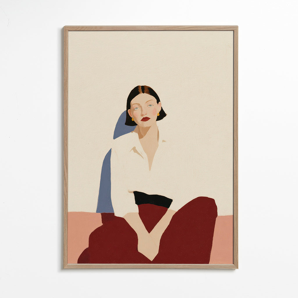 Minimalistisk siddende figur, rolig gestus – Oak Frame