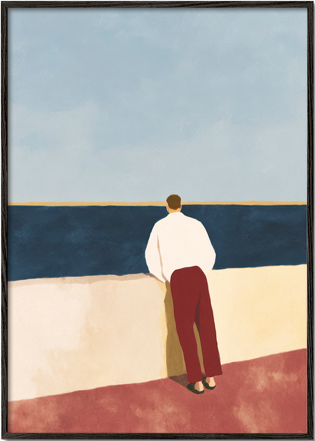 Landskabsbillede med figur, der kigger på havet – Black Frame