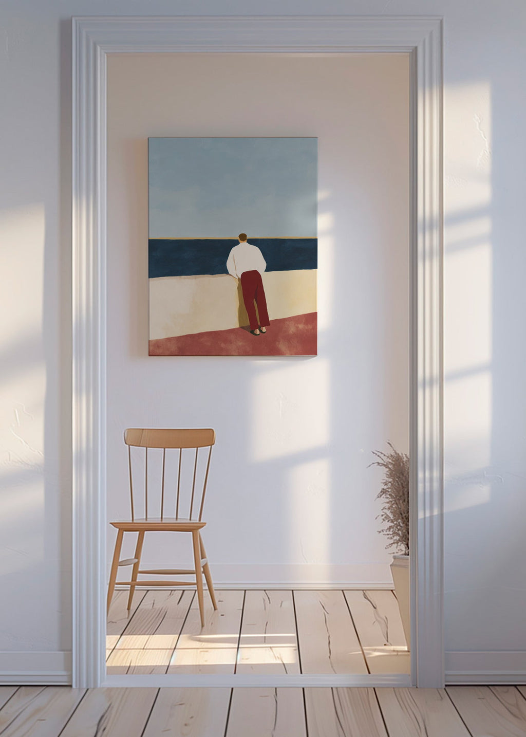 Landskabsbillede med figur, der kigger på havet – Canvas