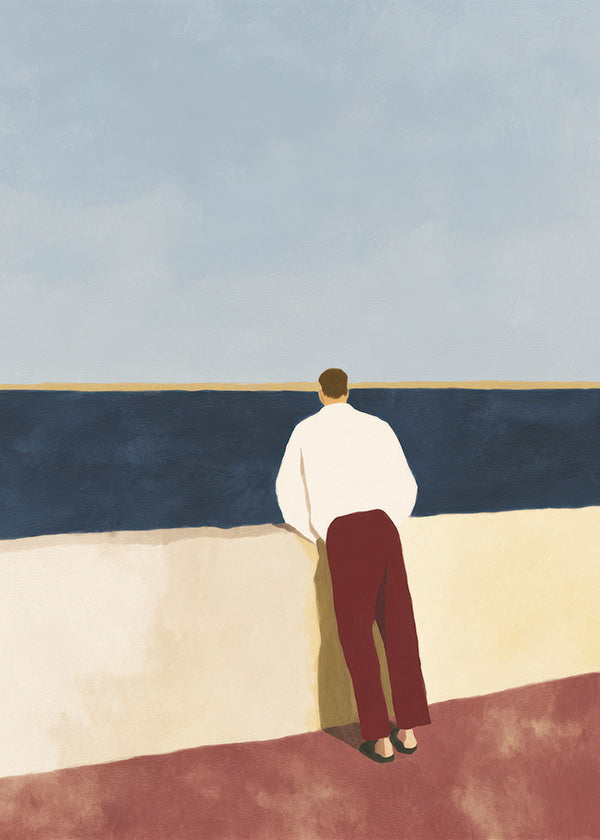 Landskabsbillede med figur, der kigger på havet
