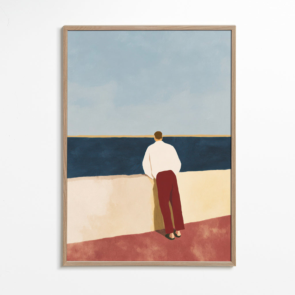 Landskabsbillede med figur, der kigger på havet – Oak Frame