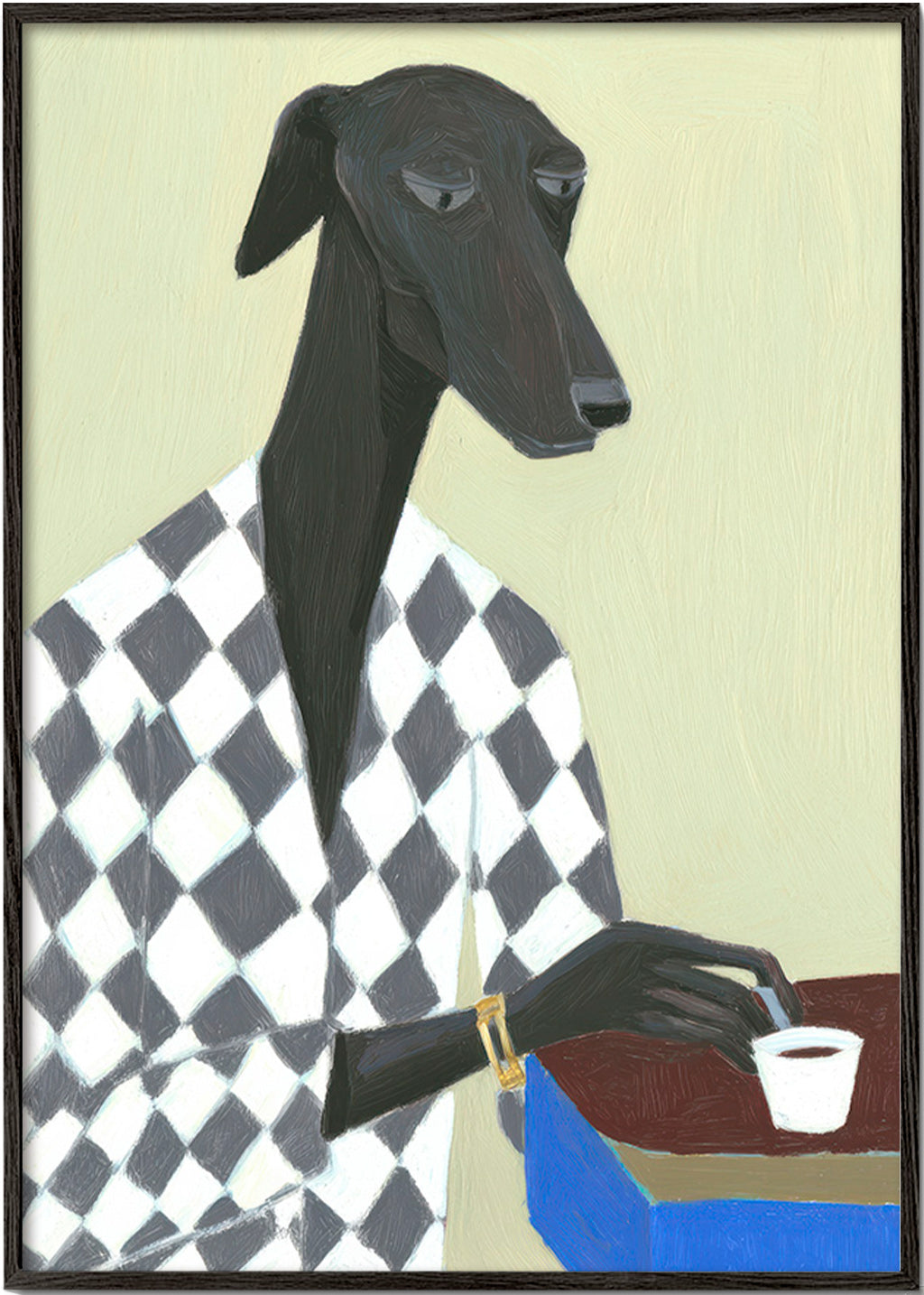 Hundeportræt med kaffekop – Black Frame