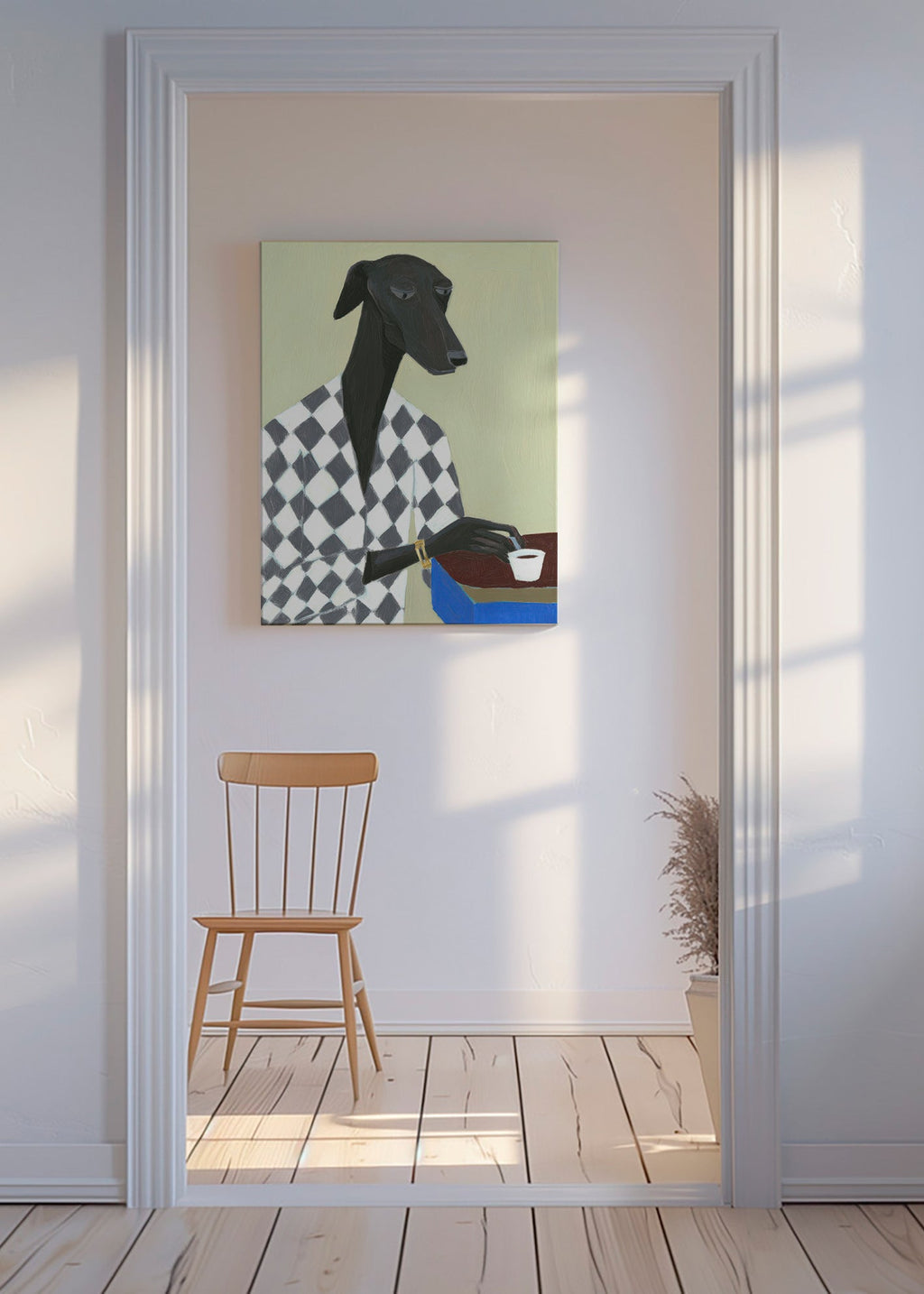 Hundeportræt med kaffekop – Canvas
