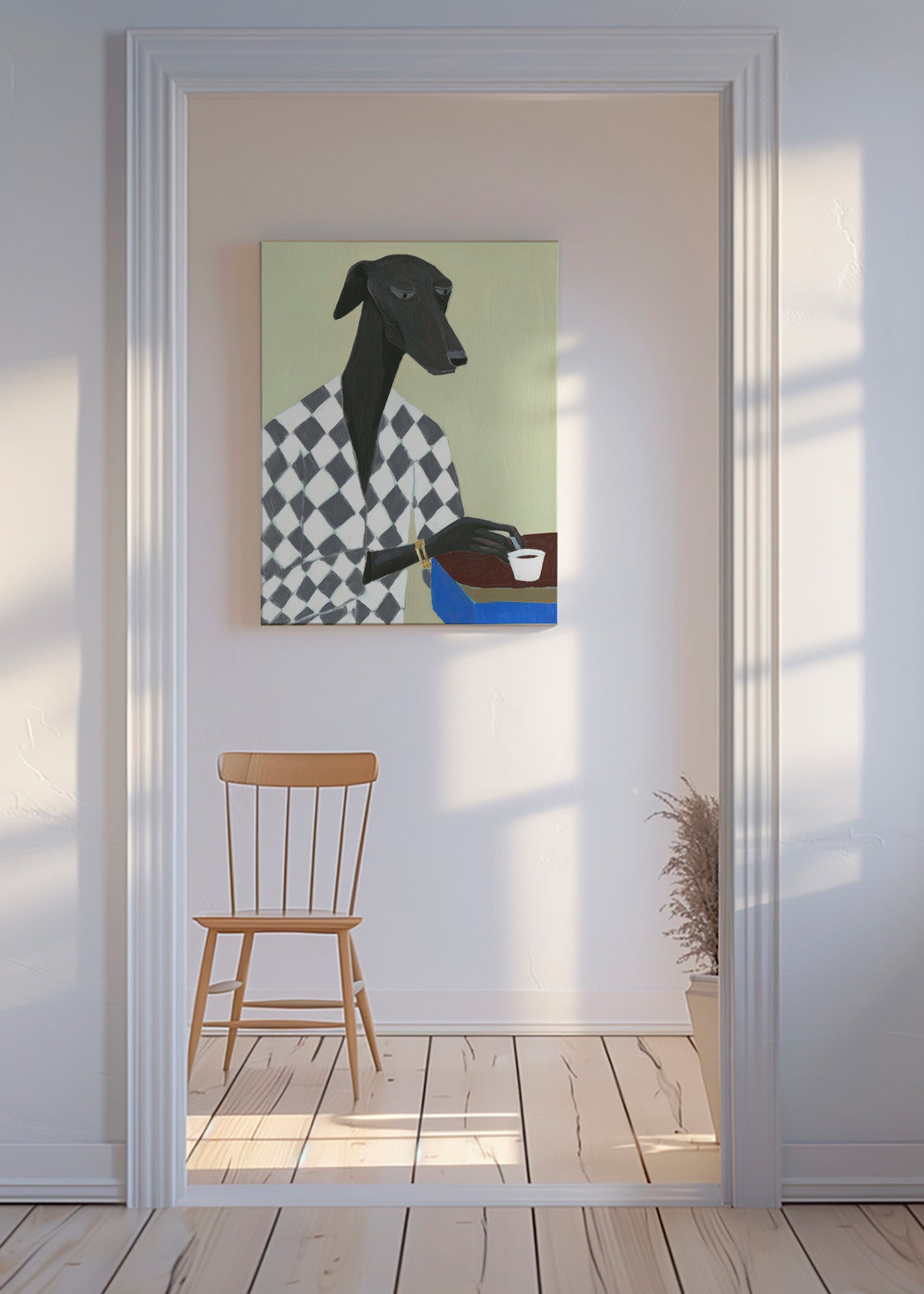 Hundeportræt med kaffekop – Canvas